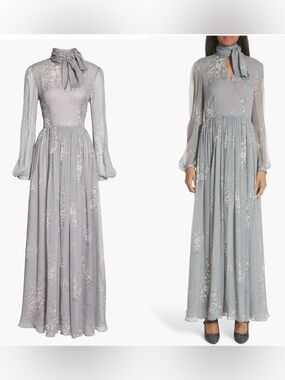 New Condition Vogue Runway CO Crinkle Chiffon Floral Tie Neck Dress app S
